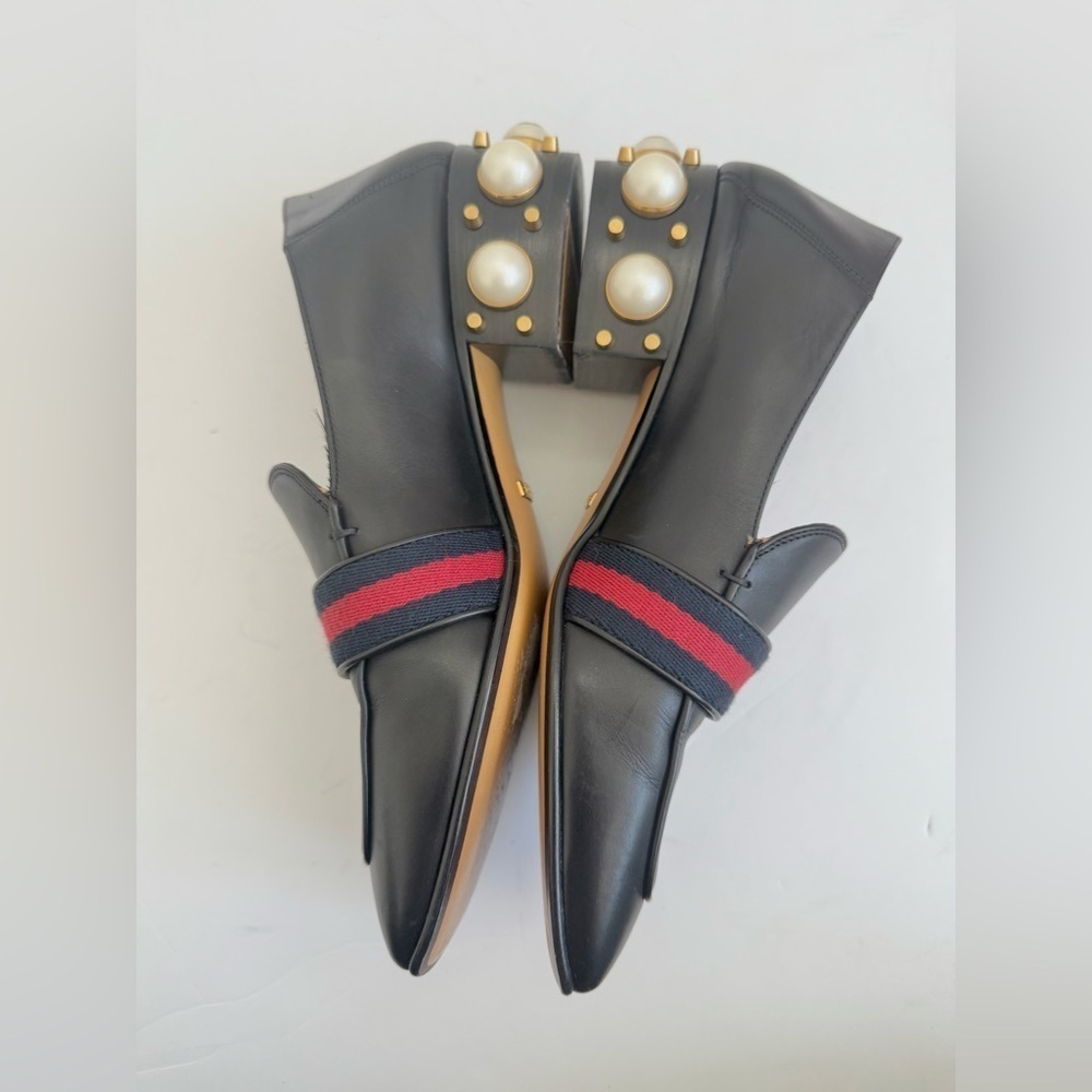 Gucci Black leather GG Web Pearl embellished Peyton loafers block heel EU 38 - Picture 11 of 11